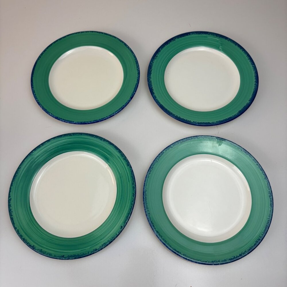 Set Of 4 Pier 1 Handpainted Salad‎ Plates Teal Blue Rim Italy 7.5 “